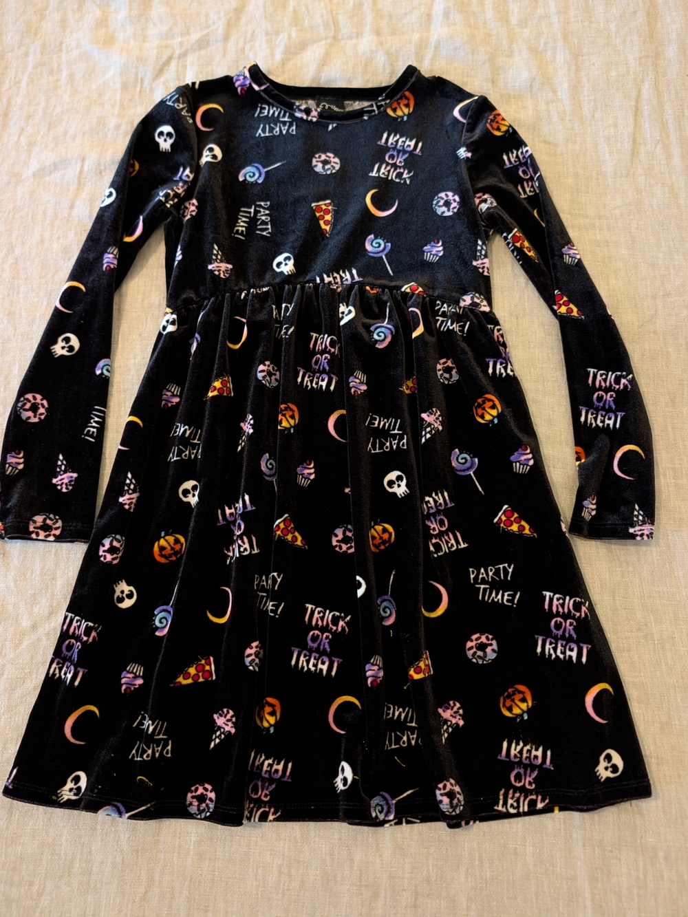 Kids Halloween Velvet Dress - Black Trick or Treat Print - Size S(6/6X)